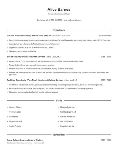 Custom Protection Officer Resume