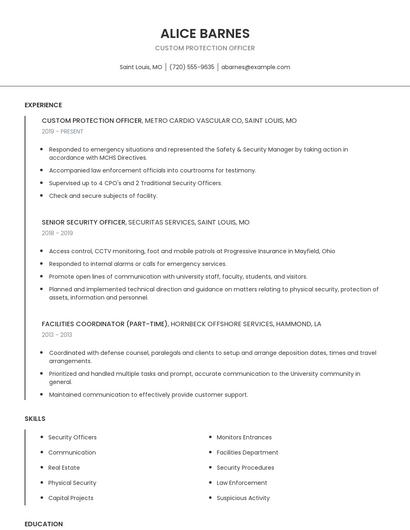 Custom Protection Officer Resume
