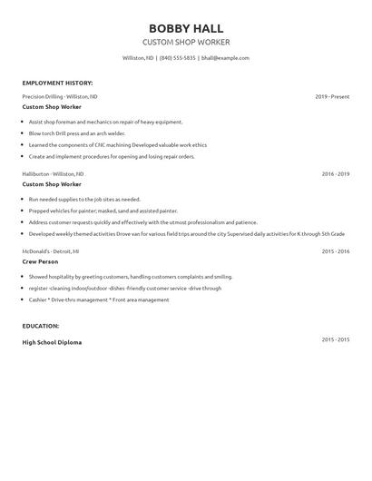 Custom Shop Worker Resume