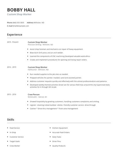 Custom Shop Worker Resume
