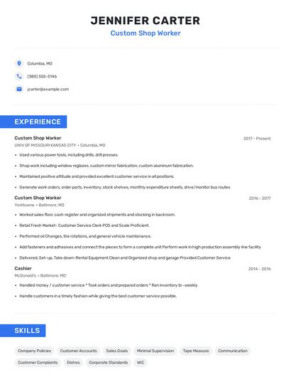 Custom Shop Worker Resume