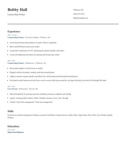 Custom Shop Worker Resume