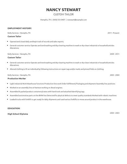 Custom Tailor Resume