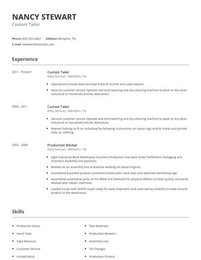 Custom Tailor Resume