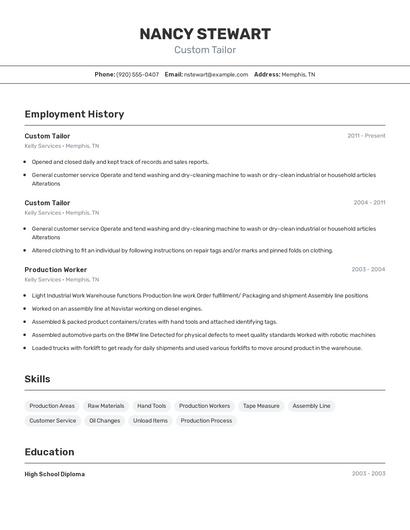 Custom Tailor Resume