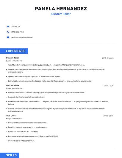 Custom Tailor Resume