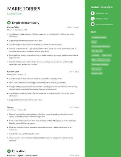 Custom Tailor Resume