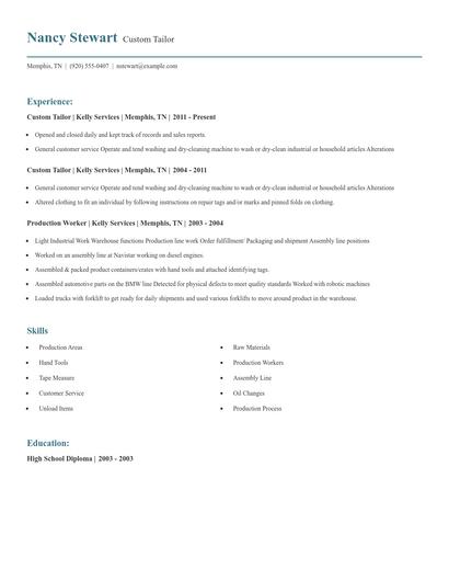Custom Tailor Resume