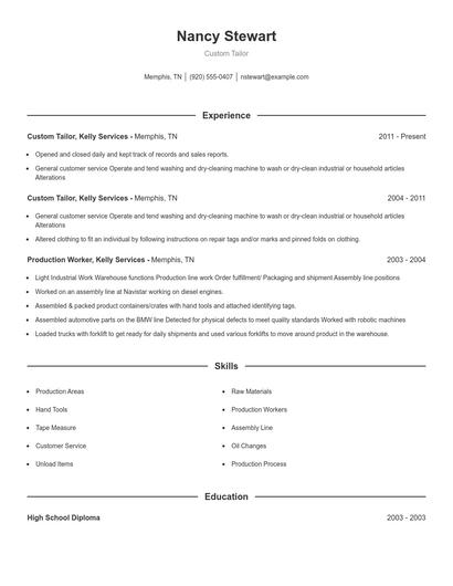 Custom Tailor Resume
