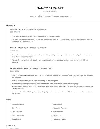 Custom Tailor Resume