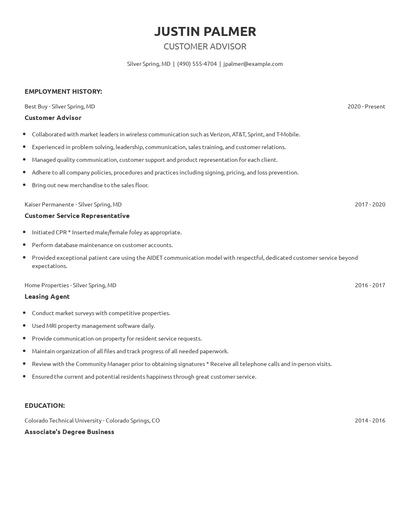 Customer Advisor Resume