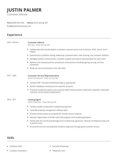 Customer Advisor Resume