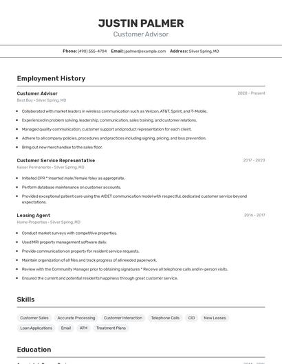 Customer Advisor Resume