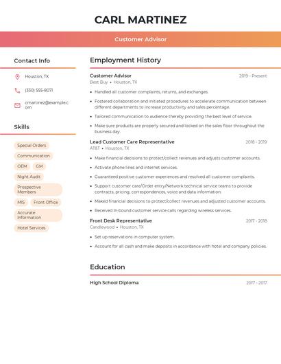 Customer Advisor Resume