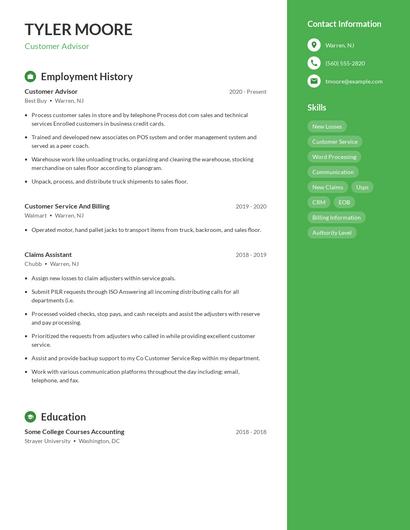 Customer Advisor Resume