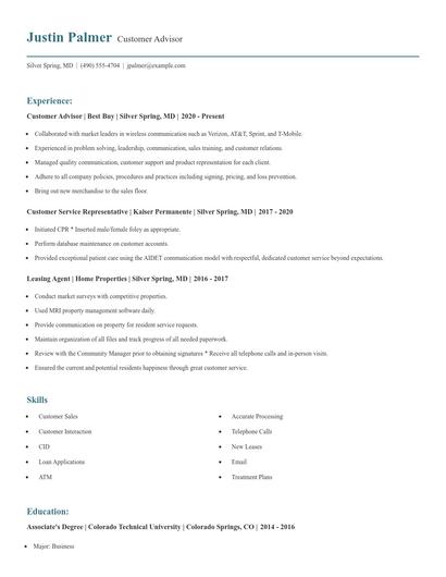 Customer Advisor Resume