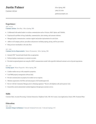 Customer Advisor Resume