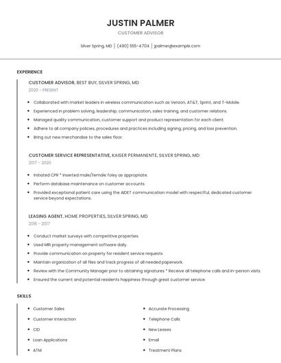 Customer Advisor Resume