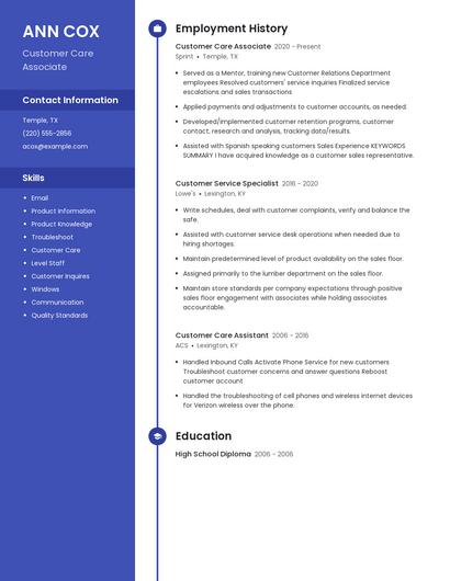 Customer Care Associate Resume