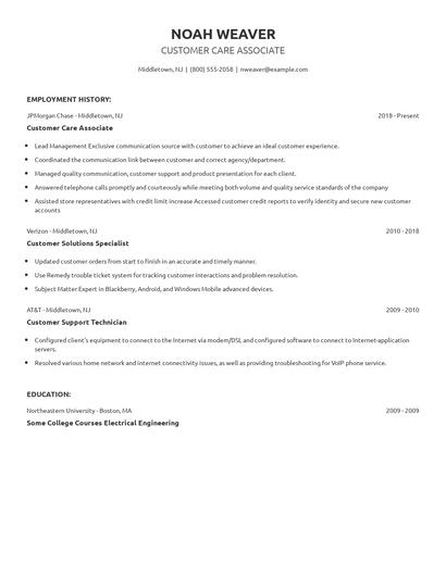 Customer Care Associate Resume