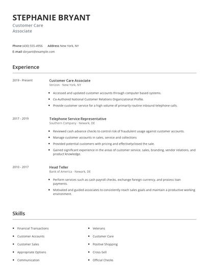 Customer Care Associate Resume