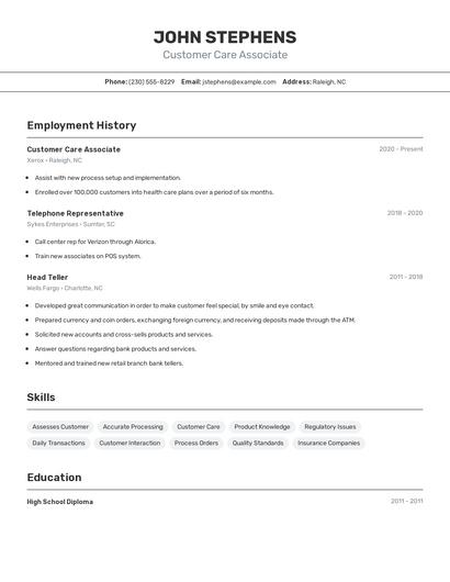Customer Care Associate Resume