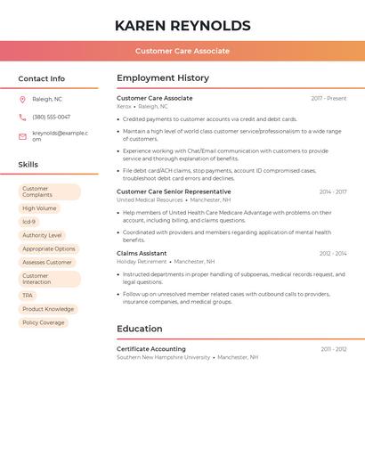Customer Care Associate Resume