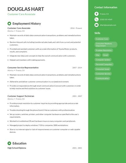 Customer Care Associate Resume