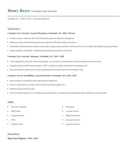 Customer Care Associate Resume
