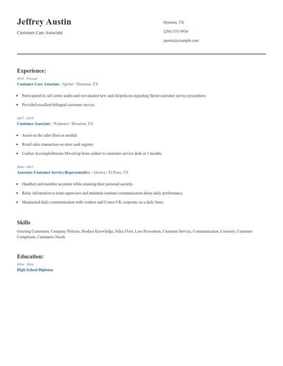 Customer Care Associate Resume