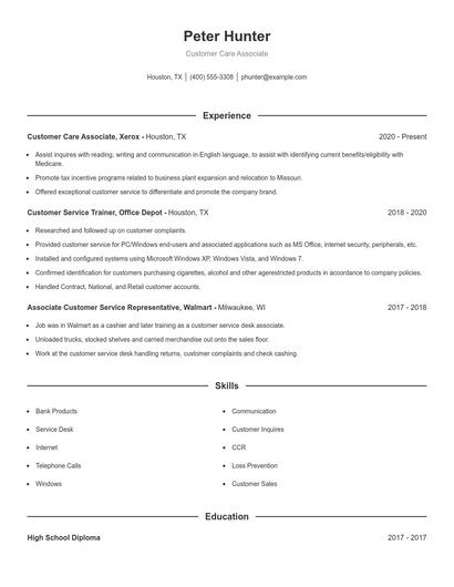 Customer Care Associate Resume