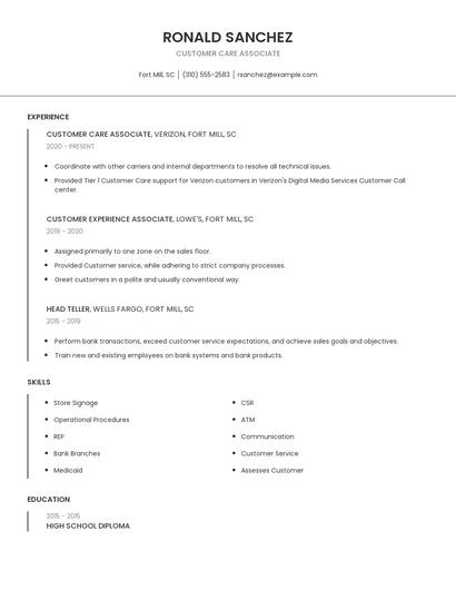 Customer Care Associate Resume