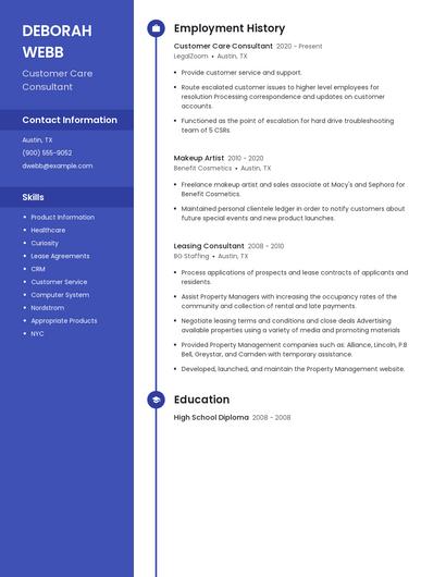 Customer Care Consultant Resume
