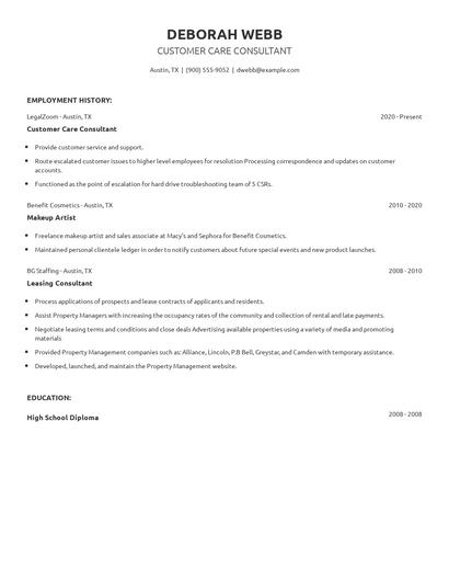Customer Care Consultant Resume