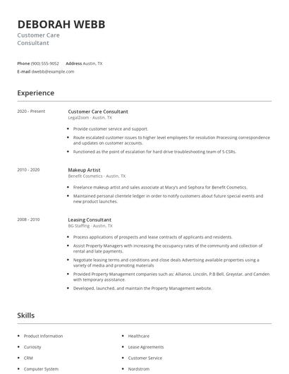 Customer Care Consultant Resume