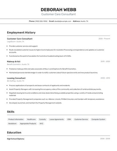 Customer Care Consultant Resume