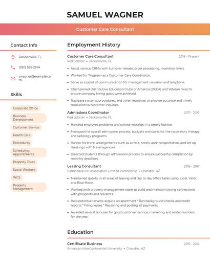 Customer Care Consultant Resume