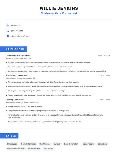 Customer Care Consultant Resume