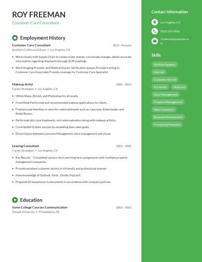 Customer Care Consultant Resume