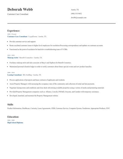 Customer Care Consultant Resume