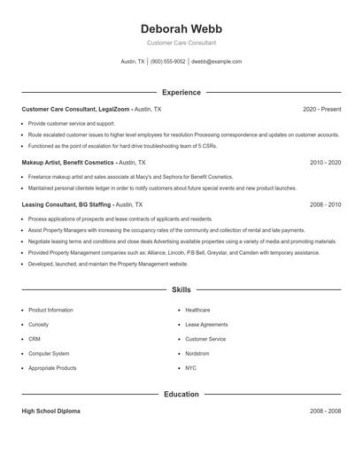 Customer Care Consultant Resume