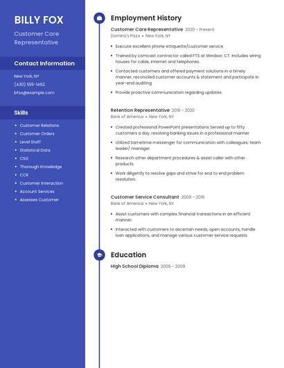 Customer Care Representative Resume