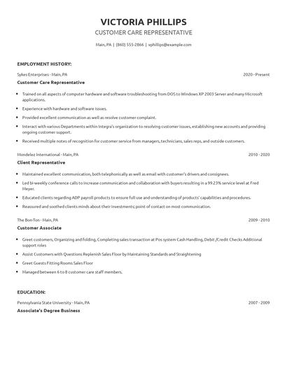 Customer Care Representative Resume