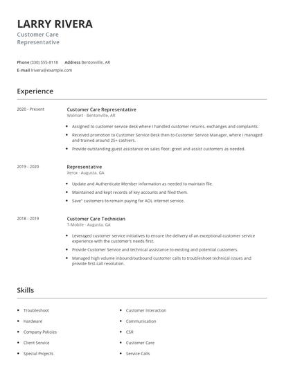 Customer Care Representative Resume