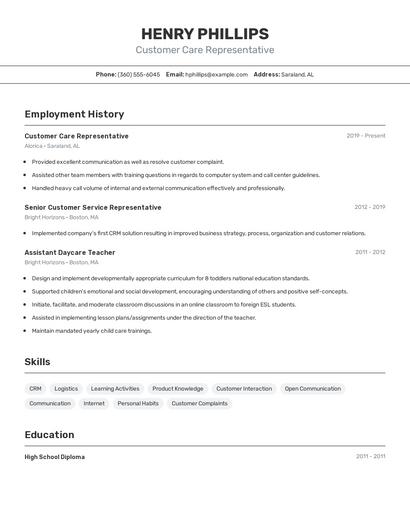 Customer Care Representative Resume