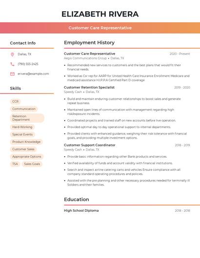 Customer Care Representative Resume