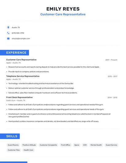 Customer Care Representative Resume