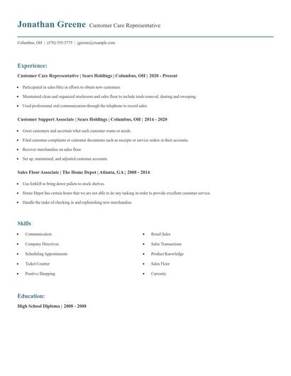 Customer Care Representative Resume