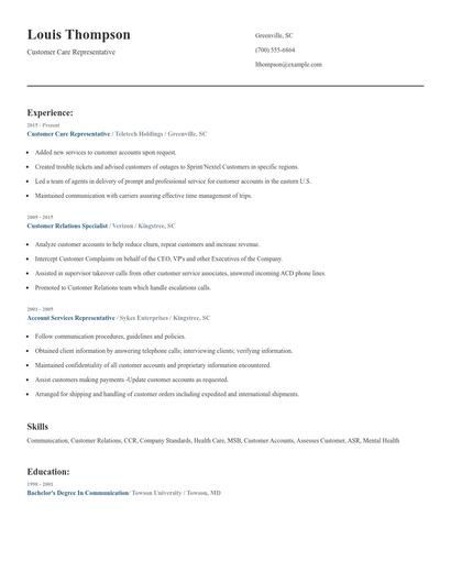 Customer Care Representative Resume