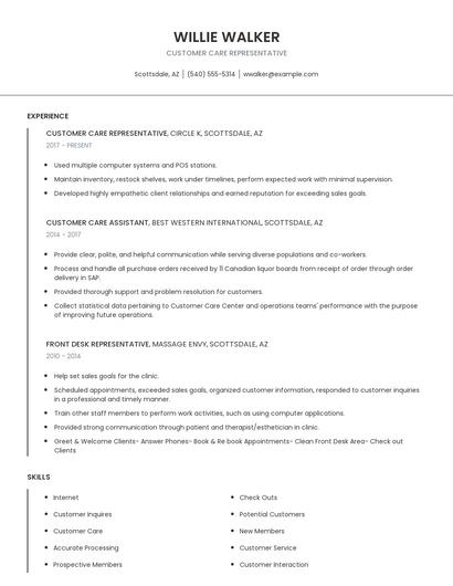 Customer Care Representative Resume